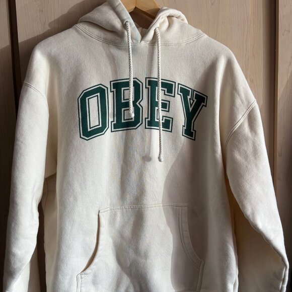 Obey Worldwide Hoodie Size Large L Cream Hooded Sweatshirt Streetwear *Spots - Picture 1 of 8